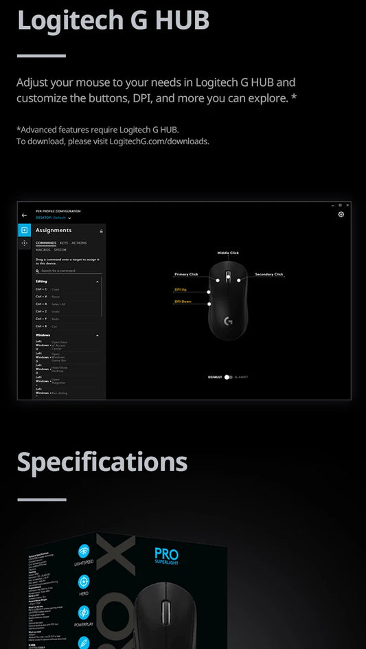 Logitech Gpro Superlight 25600 DPI Wireless Mouse, HERO 25K sensor, Tri-Mode Connection 2.4GHz/Wired/Bluetooth PC Gaming Mouse